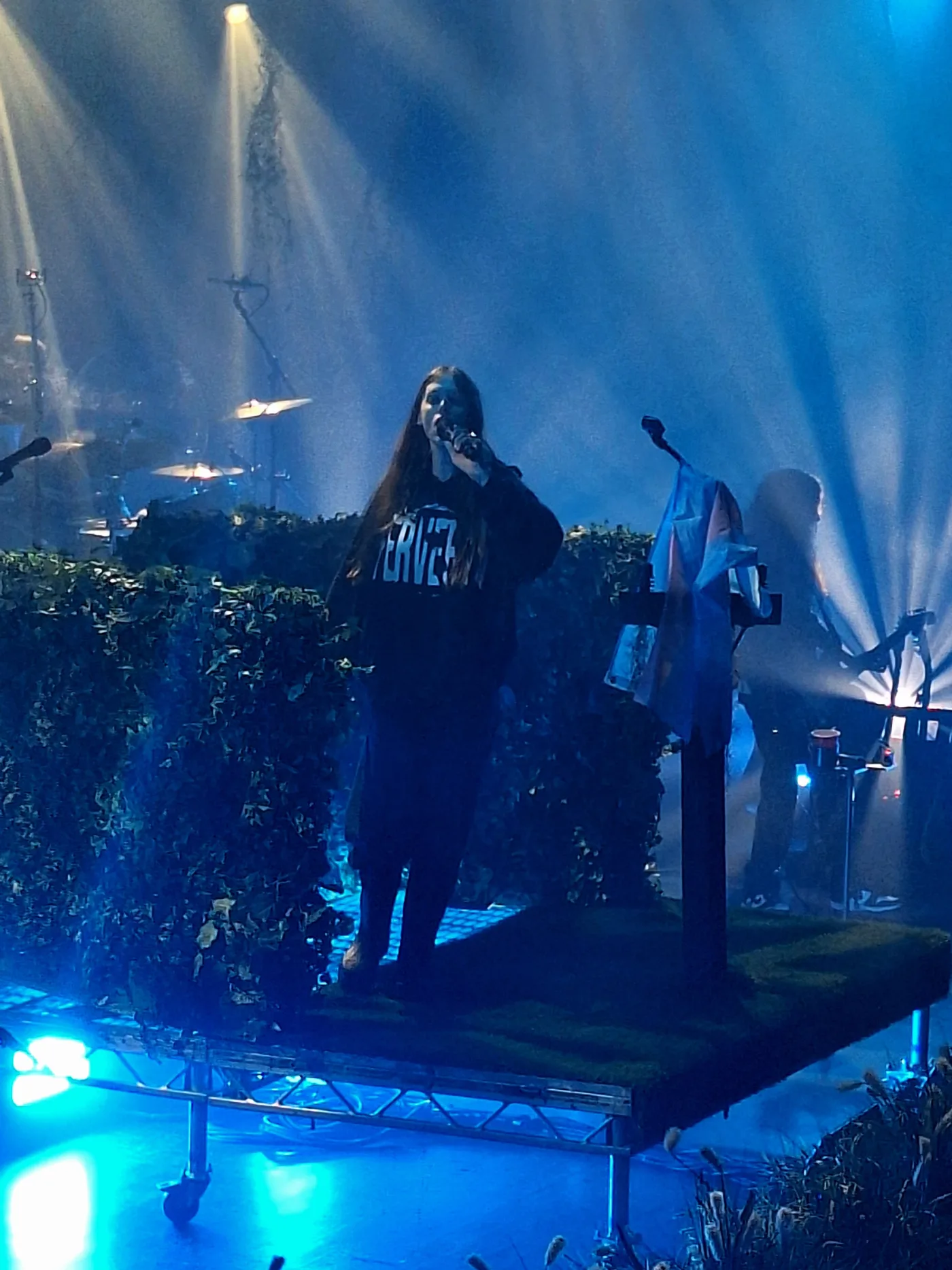 Ethel Cain singing in a Perverts hoodie on a stage dressed with ivy and a cross-shaped microphone stand, lit hard blue through the haze. TivoliVredenburg, Utrecht · 16 October 2025. Photograph by Kismenők, CC BY-SA 4.0.